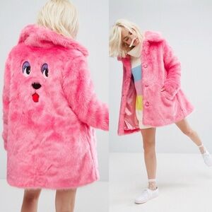 💖🐻💖 The amazing Lazy Oaf pink faux fur embroidered bear face coat! Size SMALL